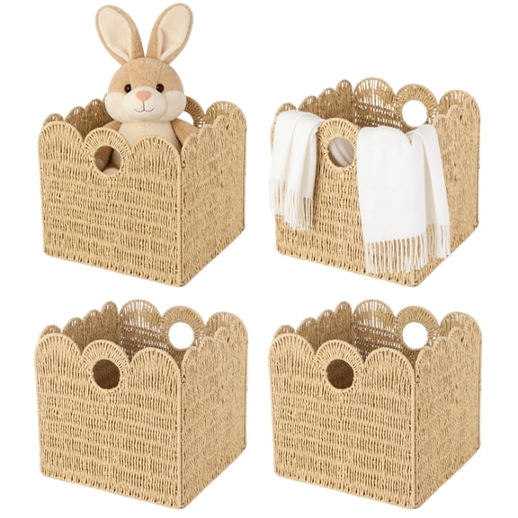 4PCS Scalloped Wicker Storage Cubes, Woven Paper Rope Storage Baskets, Foldable Square Bins with Handles, Collapsible Containers for Shelves, Closets, 11.8" x 11.8" x 11.8"