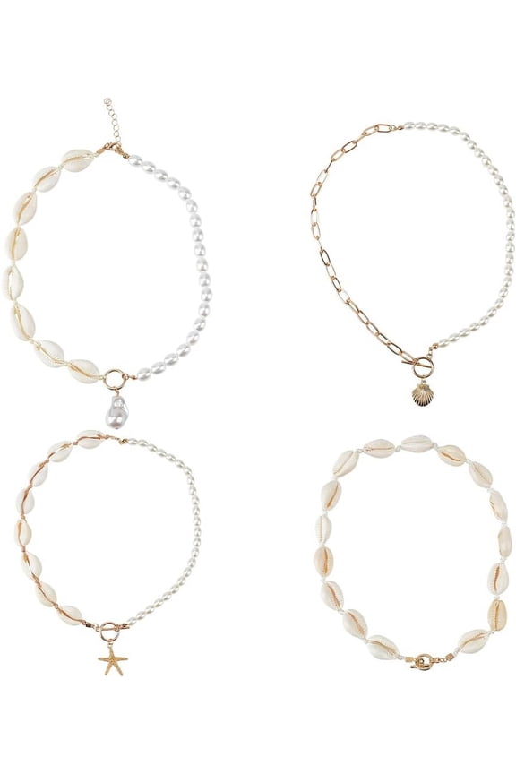 4PCS Sea Shell Necklace for Women Boho Shell Choker Necklace Beach Puka Seashell Necklaces Adjustable Baroque Pearl Pendant Gold Necklace Jewelry Collection for Prom Party Material Shell