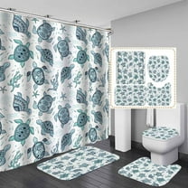 4PCS Sea Turtle Shower Curtain Sets With Rugs, Starfish Shower Curtain, Waterproof Fabric White Shower Curtain, Aesthetic Summer Sea Ocean Animal Seahorse Nautical Beach Coastal Bathroom Decor