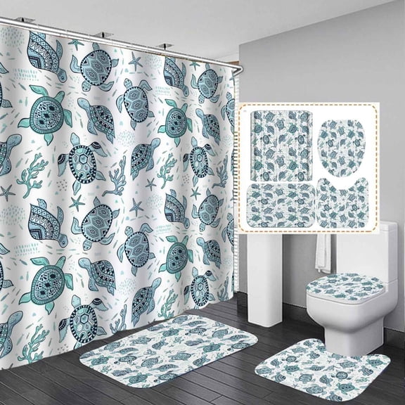 4PCS Sea Turtle Shower Curtain Sets with Rugs, Waterproof Fabric Shower Curtain, Tropical Summer Nautical Underwater World Sea Animal Marine Life Coral Blue Ocean Beach Coastal Bathroom Decor