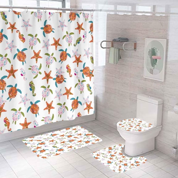 4PCS Sea Turtle Shower Curtain Sets with Rugs, Waterproof Fabric Shower Curtain, Tropical Summer Nautical Underwater World Sea Animal Marine Life Coral Blue Ocean Beach Coastal Bathroom Decor