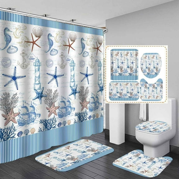 4PCS Sea Turtle Shower Curtain Sets with Rugs, Waterproof Fabric Shower Curtain, Tropical Summer Nautical Underwater World Sea Animal Marine Life Coral Blue Ocean Beach Coastal Bathroom Decor