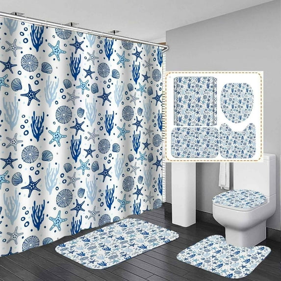 4PCS Sea Turtle Shower Curtain Sets with Rugs, Waterproof Fabric Shower Curtain, Tropical Summer Nautical Underwater World Sea Animal Marine Life Coral Blue Ocean Beach Coastal Bathroom Decor