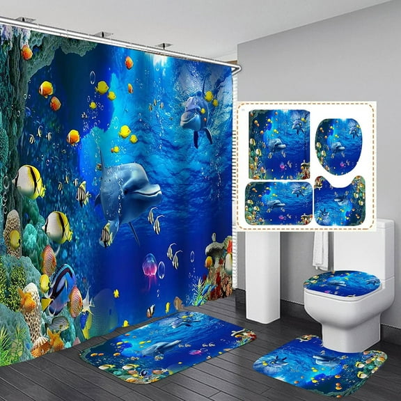 4PCS Sea World Dolphin Shower Curtain Set Bathroom Shower Curtain Non-Slip Bath Mat Toilet Lid Cover Polyester Waterproof Bath Curtain & Rug Set,+12 Hooks, 72"x72", Dolphin Style 2(4pcs)