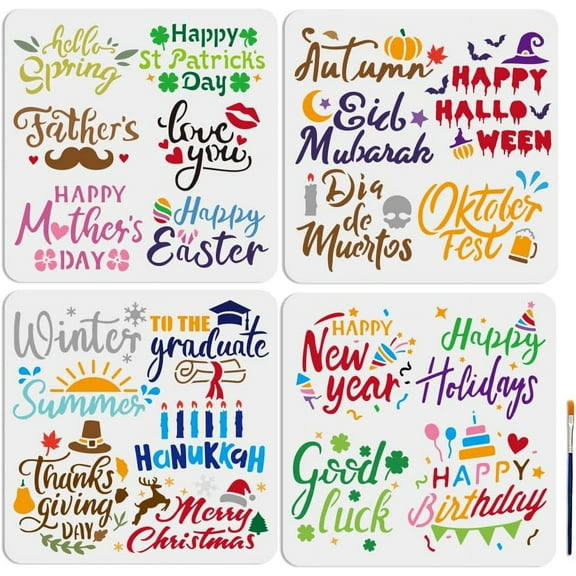 4PCS Seasonal Holiday Stencils (11.8x11.8 Inch) - Summer Thanksgiving Christmas Templates with Paint Brush for Home Decor Furniture DIY Crafts diy