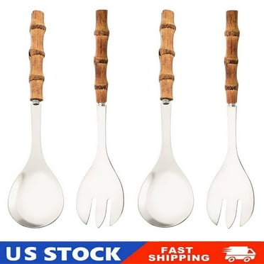 4PCS Serving Spoon and Fork Set, 10" Serving Utensils with Natural Bamboo Handle