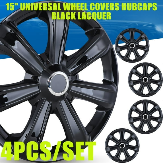 4Pcs/Set 15" Universal Wheel Covers Hubcaps Snap on Car Truck SUV Full Hub Caps Fit R15 Tire & Steel Rim -Black Lacquer