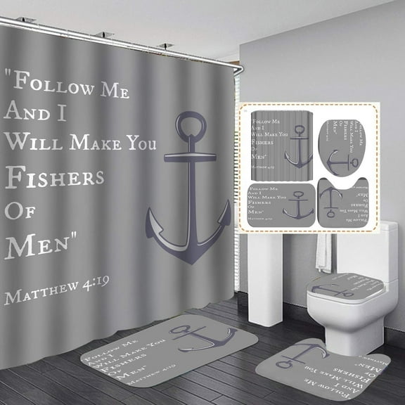 4PCS/Set Anchor Shower Curtain Sets with Rugs Polyester Waterproof Shower Curtain Nautical Anchor Bath Curtain Bathroom Rugs Bath Mat Set Toilet Lid Cover, 72"x72", Infinity Love Anchor
