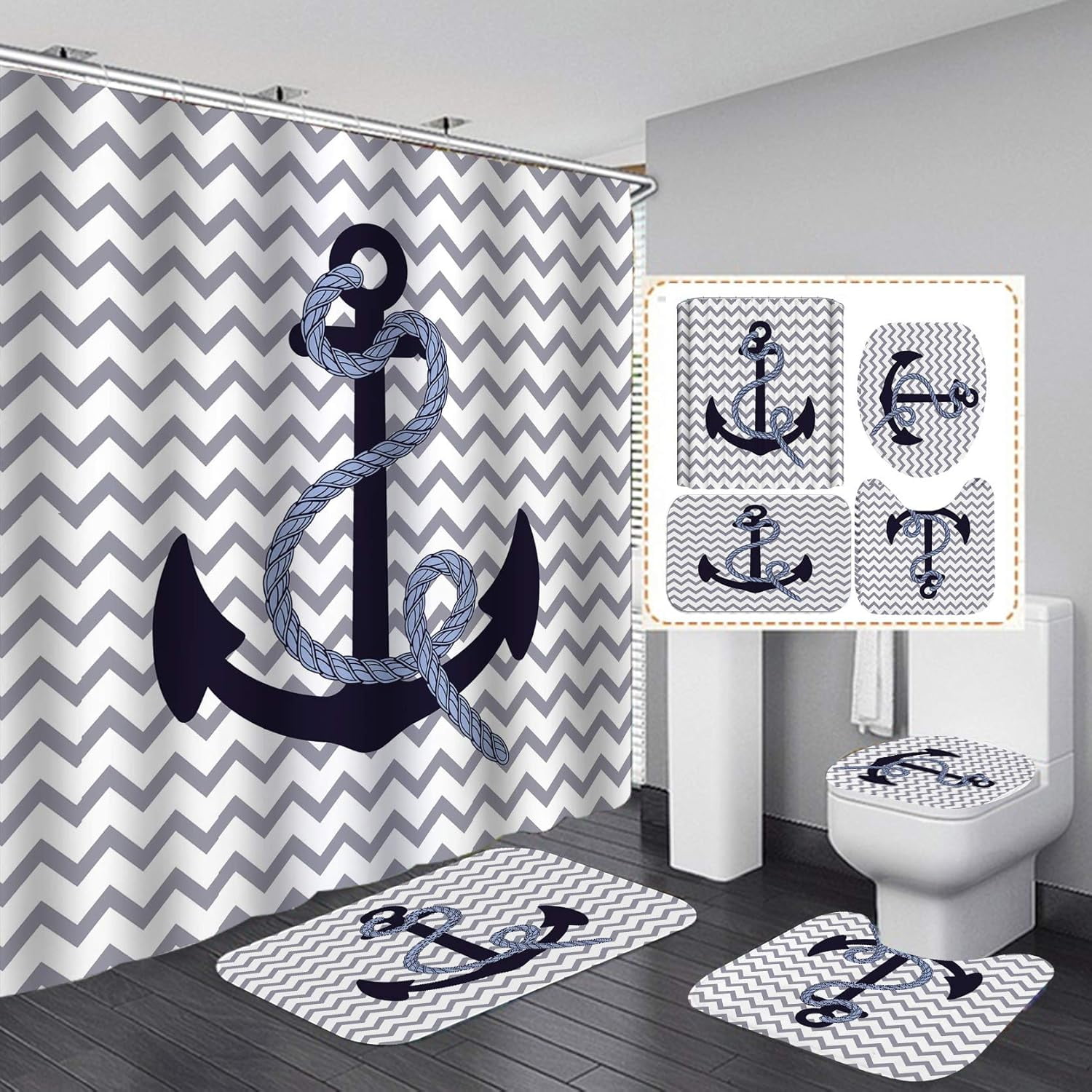 4PCS/Set Anchor Shower Curtain Sets with Rugs Polyester Waterproof Shower Curtain Nautical Anchor Bath Curtain Bathroom Rugs Bath Mat Set Toilet Lid Cover, 72"x72", Infinity Love Anchor