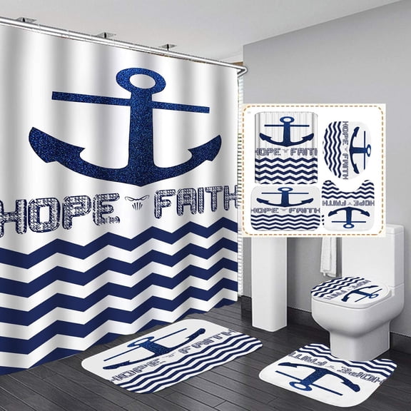 4PCS/Set Anchor Shower Curtain Sets with Rugs Polyester Waterproof Shower Curtain Nautical Anchor Bath Curtain Bathroom Rugs Bath Mat Set Toilet Lid Cover, 72"x72", Infinity Love Anchor