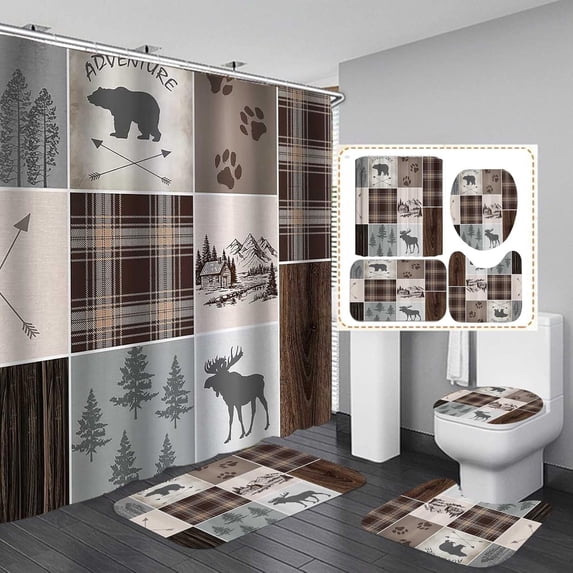 4PCS/Set Wildlife Shower Curtain, Vintage Brown Rustic Wooden Board Deer Bear USA Flag Western Texas Star Barn Cabin Hunting Wild Animal Bathroom Decor, Non-Slip Bath Rugs, Cabin Rules