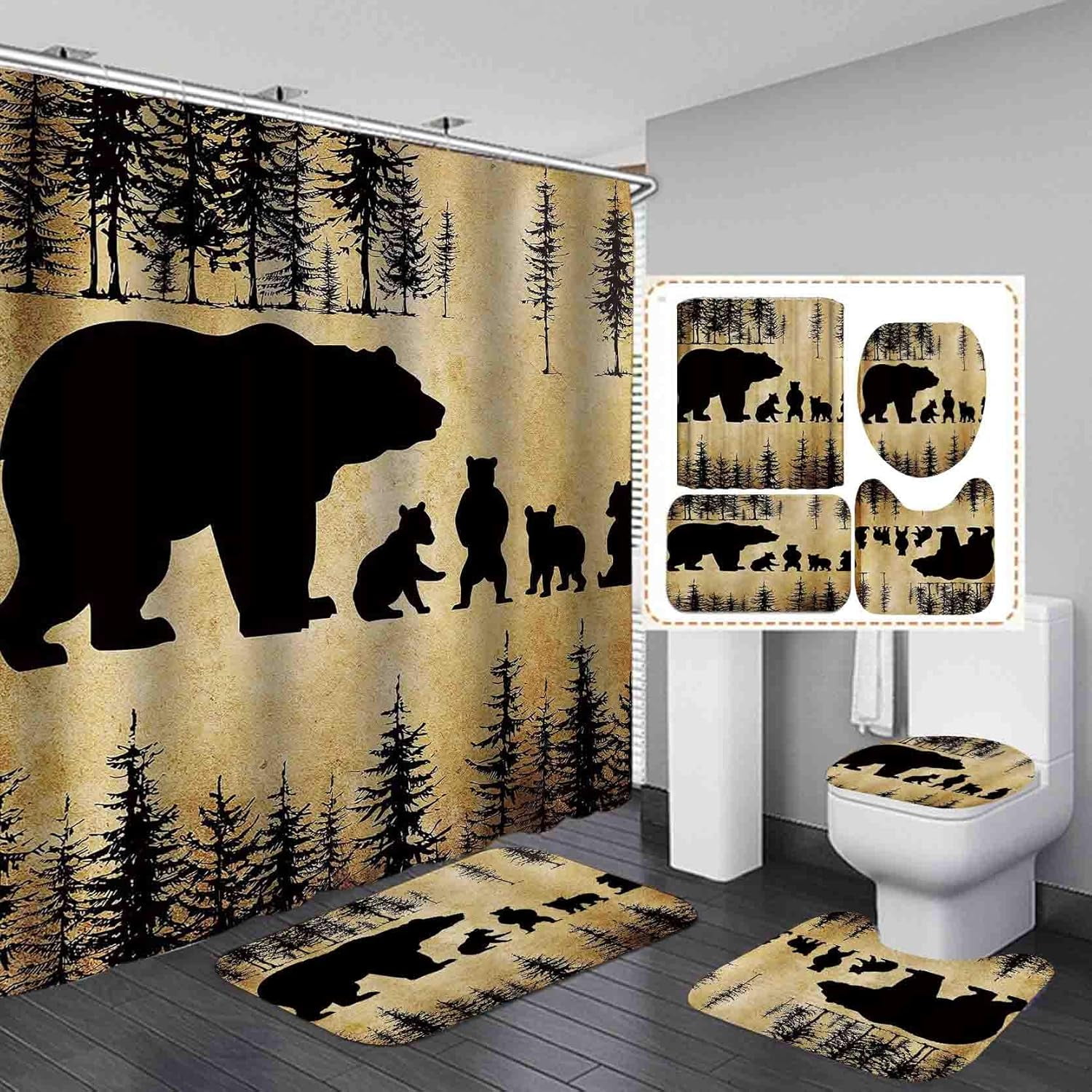 4PCS/Set Black Rustic Bear Shower Curtain, Country Farmhouse Mother ...
