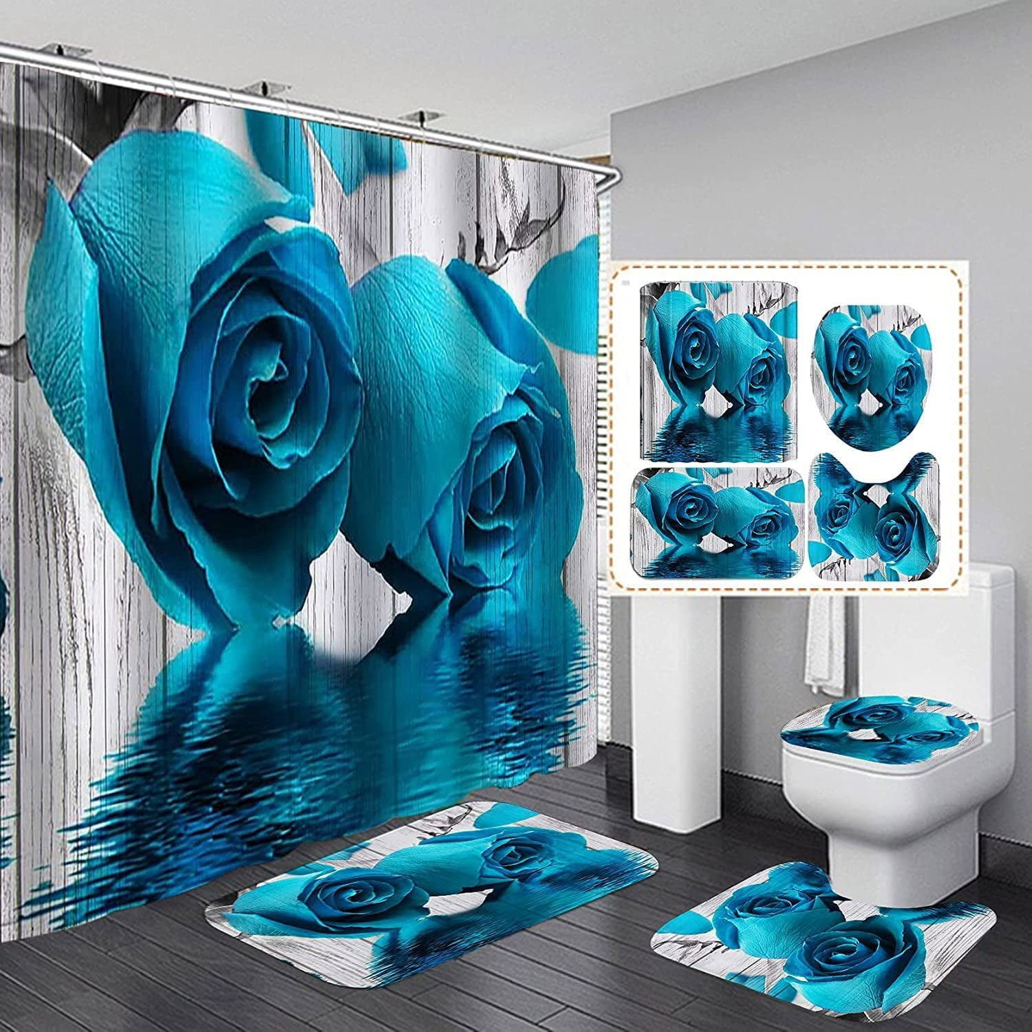 4PCS/Set Blue Rose Shower Curtains Blue Roses Beautiful Modern Blue