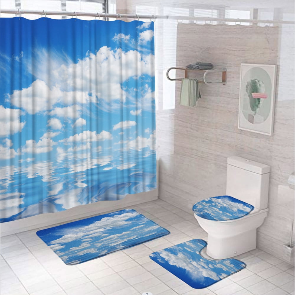 4PCS/Set Blue Sky White Cloud Shower Curtain Fantasy Plant Leaves Rose