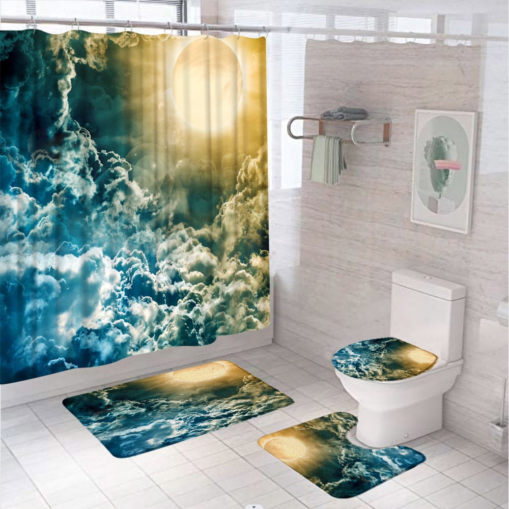 4PCS/Set Blue Sky White Cloud Shower Curtain Fantasy Plant Leaves Rose