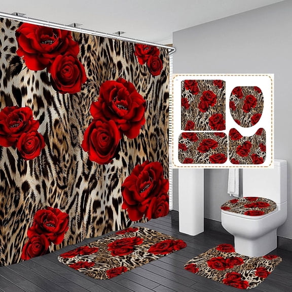 4PCS/Set Brown Leopard Print Shower curtain Sets, Blooming Floral Morning Glory Green Leaves Cheetah Safari Wildlife Wild Animal Skin Pattern Bathroom Decor, Non-slip Bath Rugs Mat, Champagne Peony