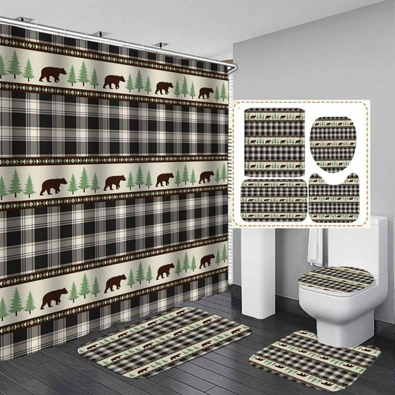 4PCS/Set Camo Deer Shower Curtain set, Elk Moose Bear Mallard Duck Turkey Animal Hunting Fishing Woodland Lodge Rustic Cabin Bathroom Decor, Non-slip Bath Rugs Toilet Mats, Gifts for Men, Wildlife