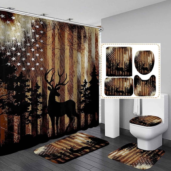 4PCS/Set Camo Shower Curtain, Black American Flag Elk Moose Wildlife ...