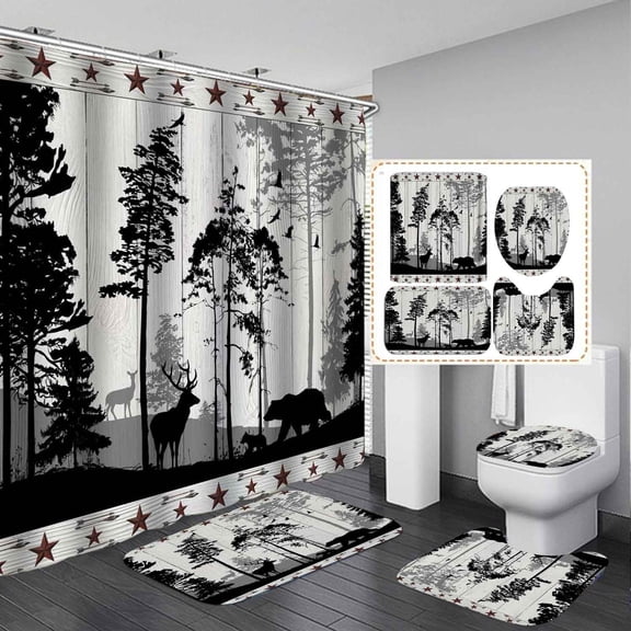4PCS/Set Camo Shower Curtain, Man Cave White Black American Flag Woodland Elk Moose Bear Wildlife Animal Hunting Rustic Cabin Bathroom Decor Non-slip Bath Rugs Gifts for Men Hunters, Deer Head