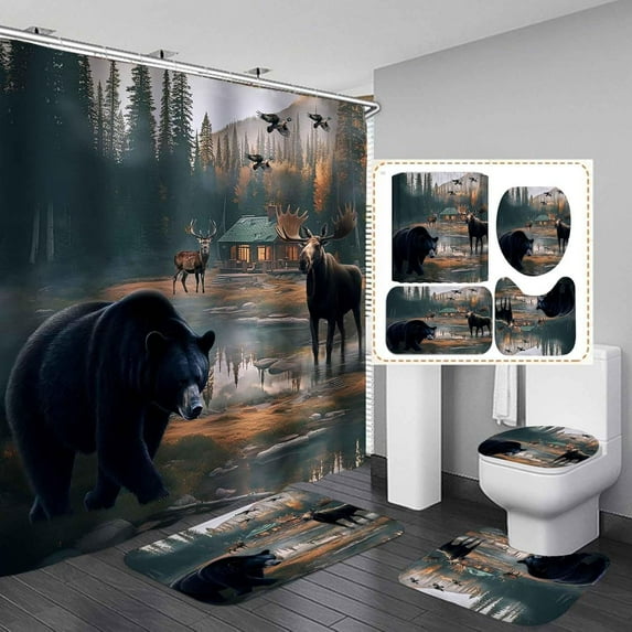 4PCS/Set Camo Shower Curtain Set, Man Cave White Black American Flag Woodland Elk Moose Bear Wildlife Animal Hunting Rustic Cabin Bathroom Decor Non-slip Bath Rugs Gifts for Men Hunters, Deer Head
