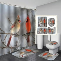4PCS/Set Cardinal Shower Curtain, Yellow & Red Birds on Tree Branch Holiday Christmas Bathroom Decor, Waterproof Fabric Shower Curtain, Non-slip Bath Rugs, Gifts for Bird Lovers, Bird Couple