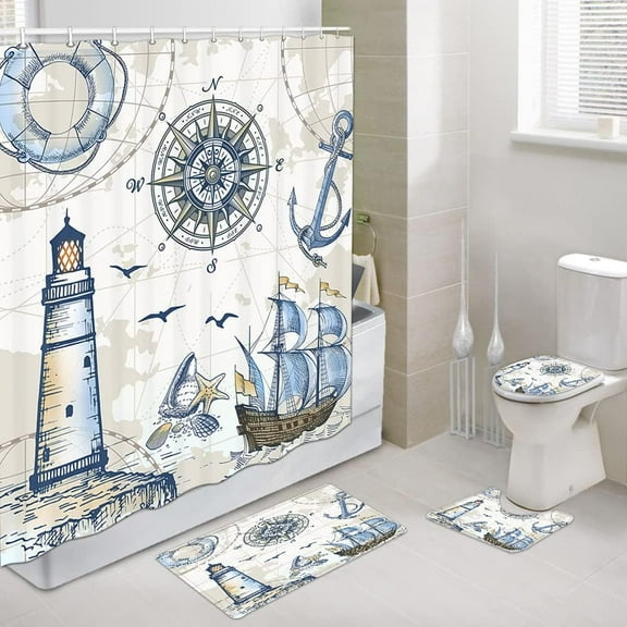 4PCS Set Coastal Lighthouse Shower Curtain,Blue Ocean Sailboat Nautical Shower Curtain Sets for Bathroom Bathtub Decor Accessories with Non-Slip Rugs, Toilet Lid Cover and Bath Mat