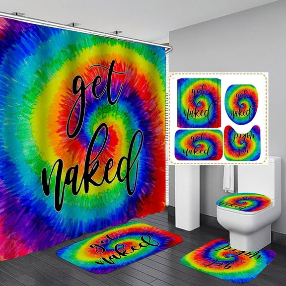 4PCS/Set Colorful Tie Dye Get Naked Shower Curtain, Creative Abstract Modern Art Black Font Funny Quote Bathroom Set, Non-Slip Bathroom Floor Mat Soft Toilet Carpet Bath Rug, Rainbow