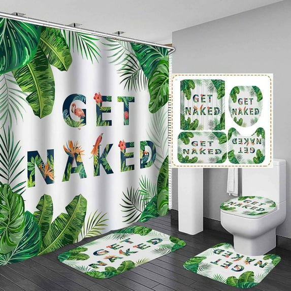 4PCS/Set Colorful Tie Dye Get Naked Shower Curtain, Creative Abstract Modern Art Black Font Funny Quote Bathroom Set, Non-Slip Bathroom Floor Mat Soft Toilet Carpet Bath Rug, Rainbow
