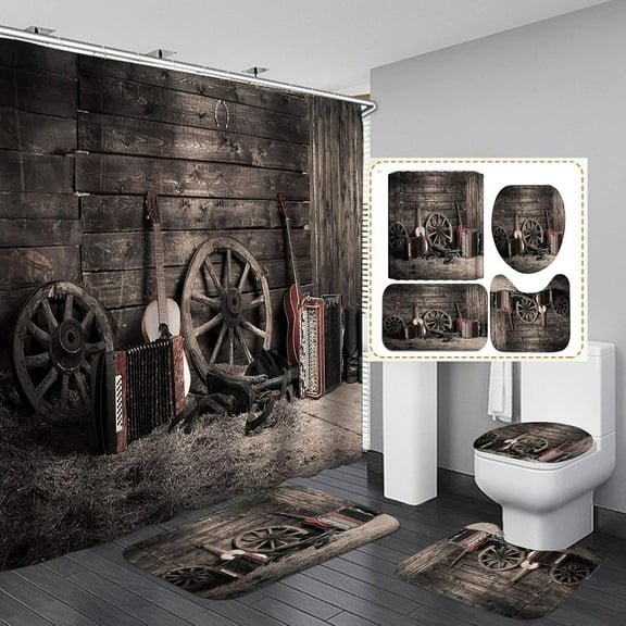 4PCS/Set Cool Burning Guitar Shower Curtain Sets, Electric Guitar Grey Stone Wall Modern Bathroom Decor for Men Music Lover, Waterproof Fabric Shower Curtain, Non-slip Bath Rugs Toilet Mat, On Fire