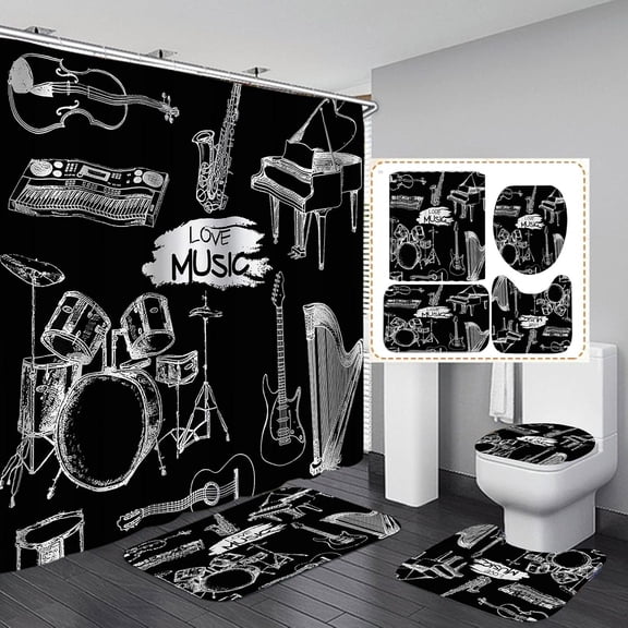 4PCS/Set Elegant Musical Notes Piano Key Music Shower Curtain Waterproof Cloth Polyester Bath Curtain Bathtub Curtains, Bathroom Carpet Bath Mat Toilet Rugs, Modern Bathroom Decor, Black