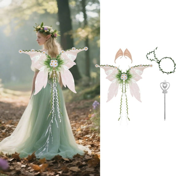 4PCS/Set Fairy Wings for Women - Mother Nature Costume Woodland Elf Wings with Colorful Flowers Leaves and Vines for Adults Butterfly Wings for Renaissance Renfaire Fairy Costume Photoshoot