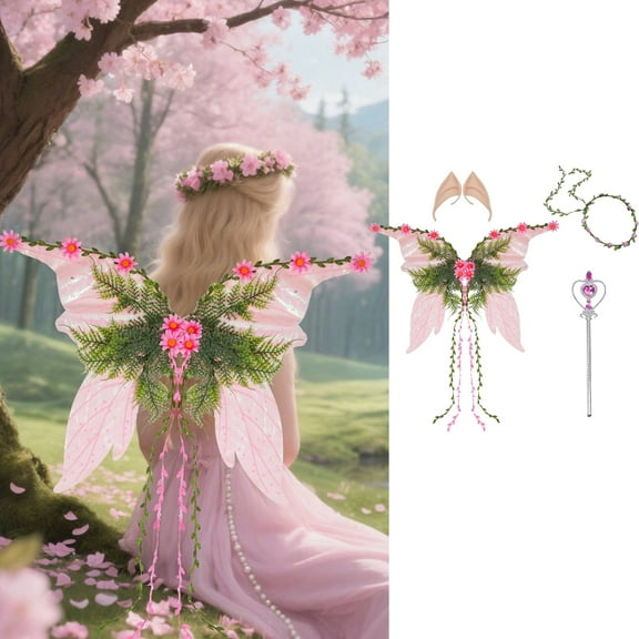 4PCS/Set Fairy Wings for Women - Mother Nature Costume Woodland Elf Wings with Colorful Flowers Leaves and Vines for Adults Butterfly Wings for Renaissance Renfaire Fairy Costume Photoshoot