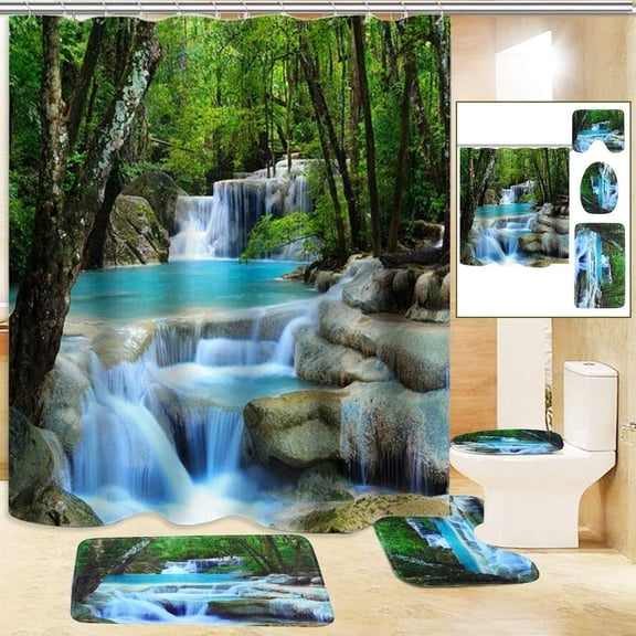 4PCS/Set Fantasy Waterfall Shower Curtain Sets, Royal Blue Tree Leaves Natural Landscape Black and White Modern Art Bathroom Decor, Waterproof Fabric Shower Curtain Non-slip Bath Rug, Waterfall