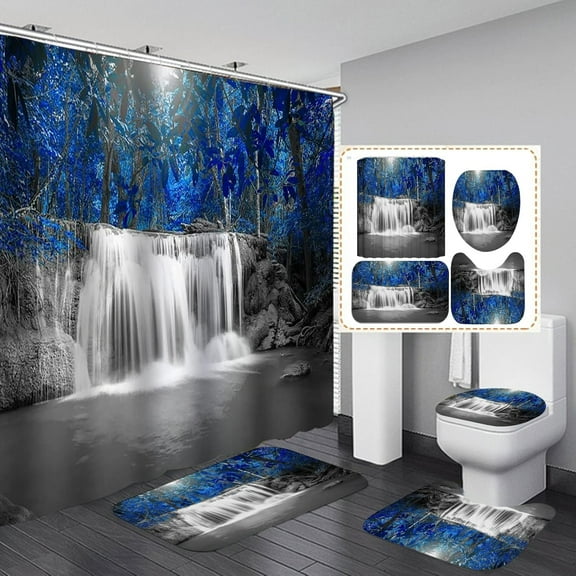 4PCS/Set Fantasy Waterfall Shower Curtain Sets, Royal Blue Tree Leaves Natural Landscape Black and White Modern Art Bathroom Decor, Waterproof Fabric Shower Curtain Non-slip Bath Rug, Waterfall