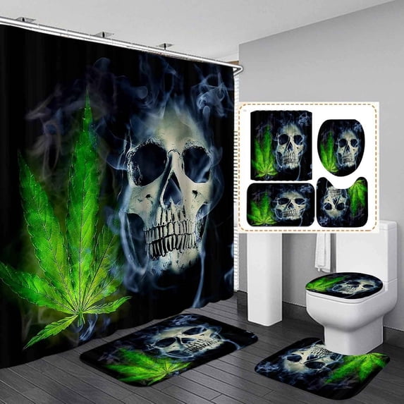 4PCS Skull Shower Curtain Sets with Rugs, Waterproof Fabric Black Shower Curtain, Gothic Goth Skeleton Spooky Bohemian Floral Rose Flower Ferns Plant Leaves Moon Star Mushroom Bathroom Decor