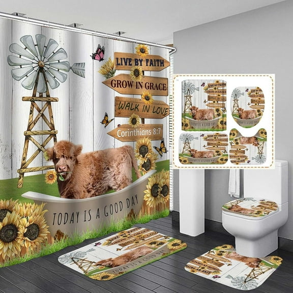 Farmhouse Style Shower Curtain Sets 4-Piece Waterproof Polyester 72x72 Inch, Cow Print with Non-Slip Bath Mat & Toilet Cover, Country Bathroom Decor Includes 12 Hooks