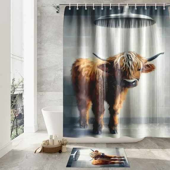 4PCS/Set Highland Cow Bathroom Funny Animal Highland Cow Sitting on The Toilet Reading a Newspaper Shower Curtains for Bathroom Decor,Black Grey Bathroom Decor,Waterproof Fabric Bath Curtain