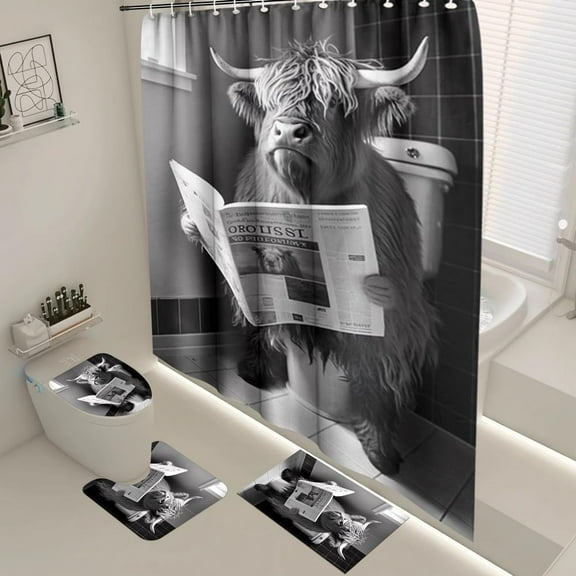 4PCS/Set Highland Cow Bathroom Funny Animal Highland Cow Sitting on The Toilet Reading a Newspaper Shower Curtains for Bathroom Decor,Black Grey Bathroom Decor,Waterproof Fabric Bath Curtain