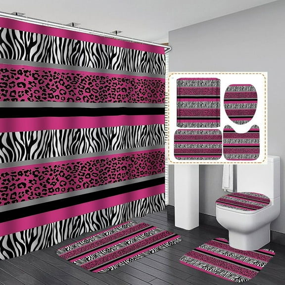 4PCS/Set Hot Pink Leopard Print Shower Curtain, Black and White Zebra Print Wildlife Safari Animal Skin Stripe Fashion Women Girly Bathroom Decor, Non-slip Bath Mat Toilet Rug, Cheetah & Zebra