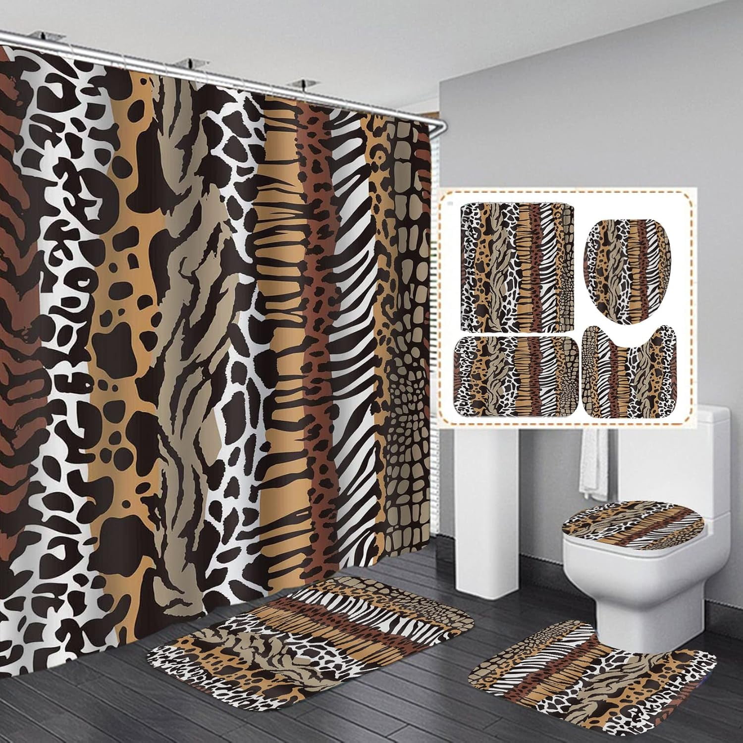 4PCS/Set Hot Pink Leopard Print Shower Curtain, Black and White Zebra