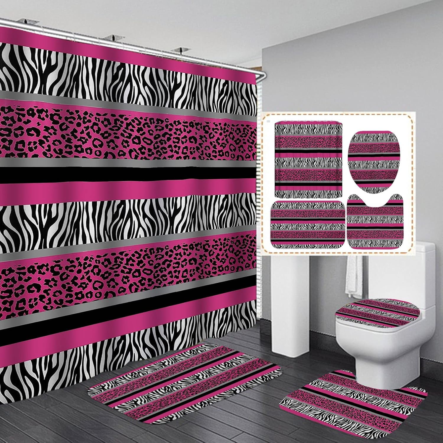 4PCS/Set Hot Pink Leopard Print Shower Curtain Sets, Black and White