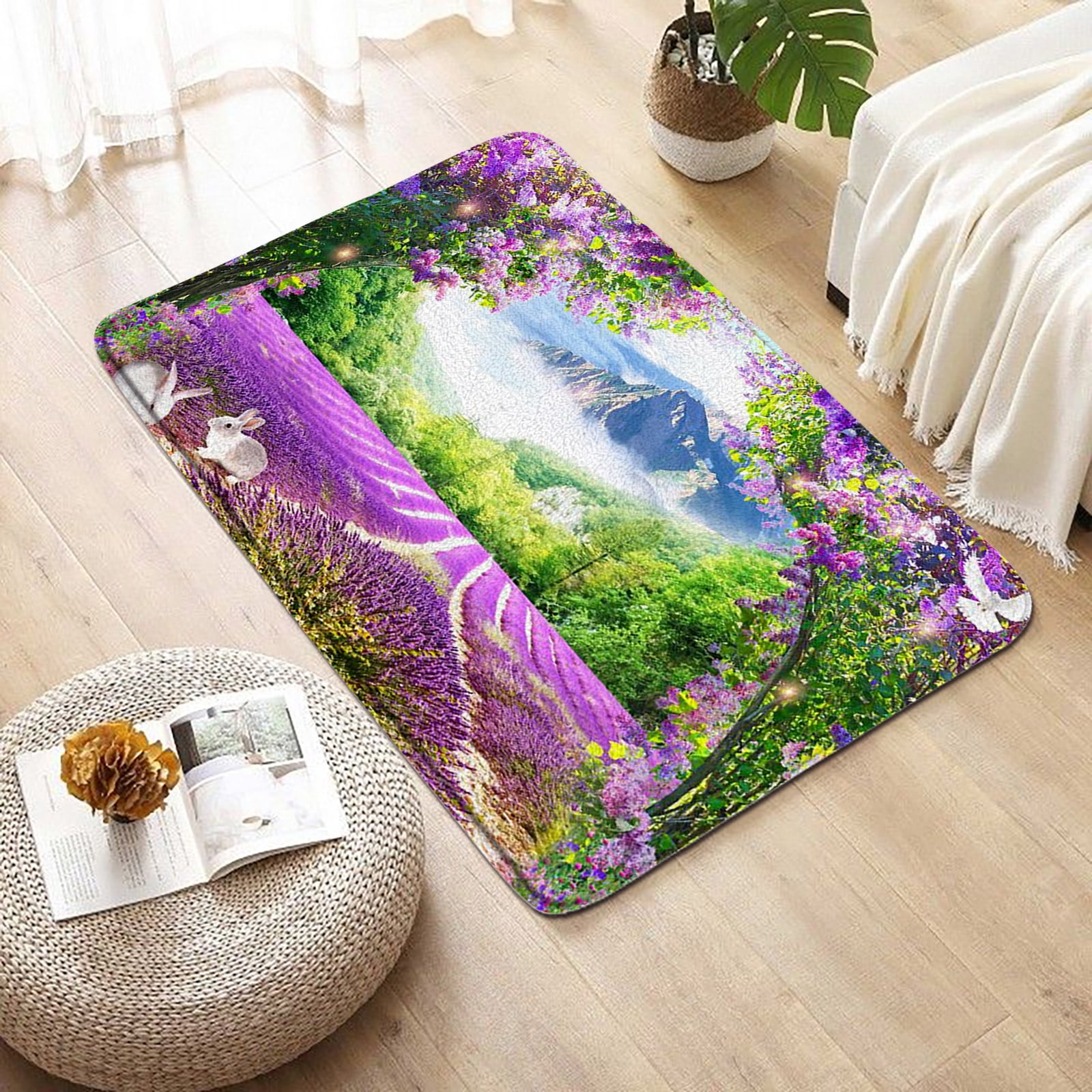 4PCS/Set Lavender Garden Shower Curtains Bath Mat Purple Flowers Rabbit