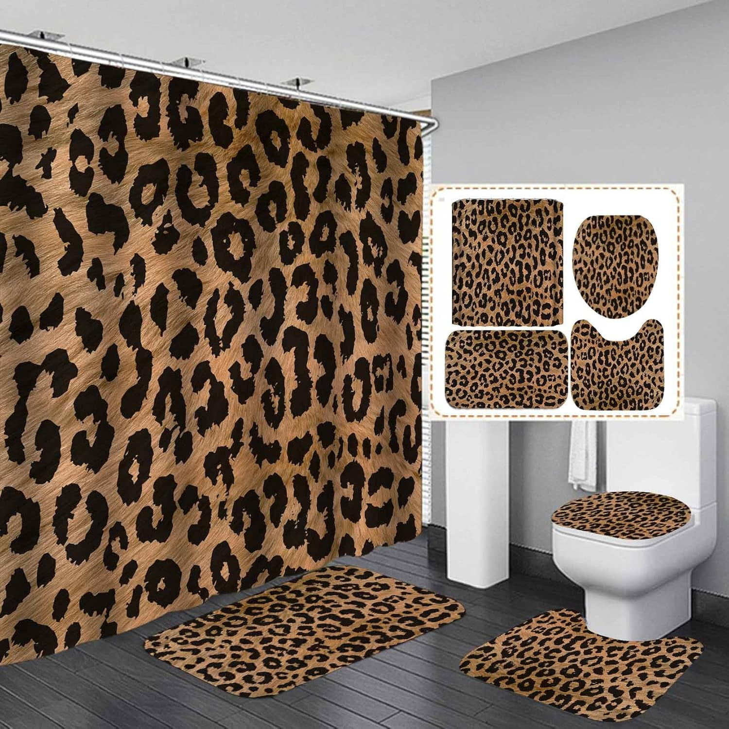 4PCS/Set Leopard Print Butterfly Shower Curtain, Safari Wildlife