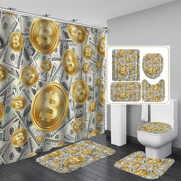 4PCS Money Shower Curtain Set, Hundred Dollar Bill Cash USA 100 Dollar Bills Luxury Modern Funny Bathroom Decor, Waterproof Fabric Polyester Black Shower Curtain, Non-Slip Bath Mat Toilet Rug