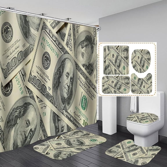 4PCS/Set Luxury Gold US Dollar Shower Curtain set, Arrow Heart Star Symbols Cool Funny Modern Bathroom Decor, Waterproof Fabric Black Bath Curtain, Non-slip Bath Rugs Toilet Mat Carpet, Money Sign