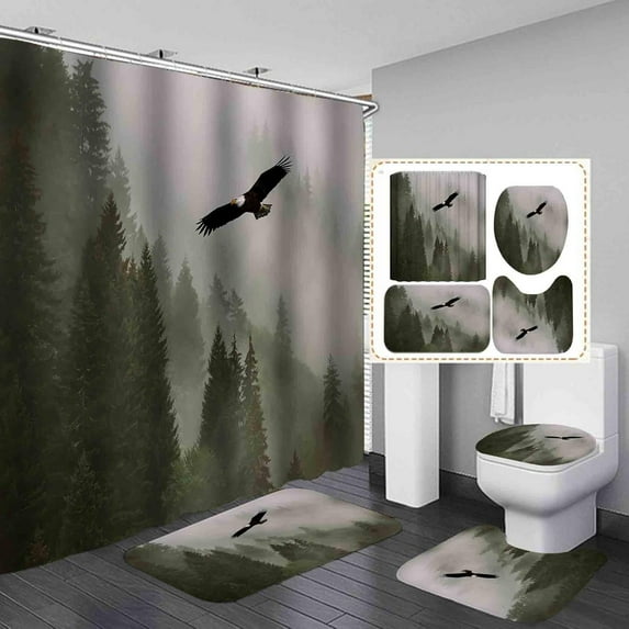 4PCS/Set Majestic Bald Eagle Shower Curtain, Pine Tree Foggy Woodland Wilderness Animal Wildlife Misty Forest Bathroom Decor, Non-slip Bath Rugs Toilet Mat, Eagles Gifts for Men, Flying Eagle