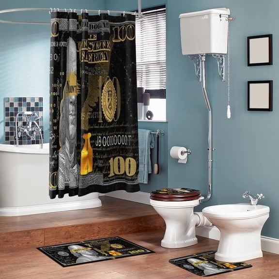 4PCS/Set Money Bathroom Set Shower Curtain set for Bathroom,Black Gold Hundred US Dollar Bills Cash Benjamin Franklin Bathroom Decor, Waterproof Fabric Bath Curtain,Non-Slip Bath Rugs Toilet Mats