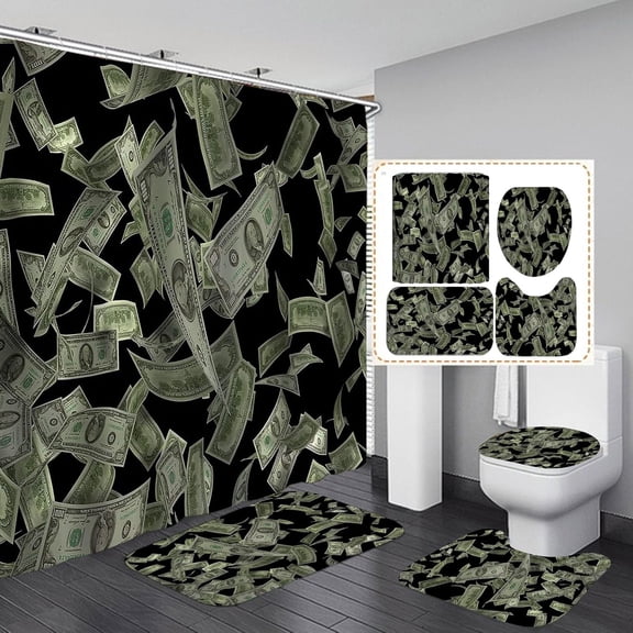 4PCS/Set Money Shower Curtain, Hundred US Dollar Bills Cash Benjamin Franklin Funny Luxury Modern Bathroom Decor, Waterproof Fabric Shower Curtain, Non-Slip Bath Mat Toilet Rug, 100 Dollars