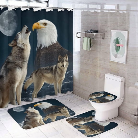 4PCS/Set Mystical Wolf Bald Eagle Mountain Shower Curtain 72W X 72L, Magic Moon Snow Printed Bathroom Decor, Shaped Mat Toilet Lid Cover and Non-Slip Rugs with 12 Hooks