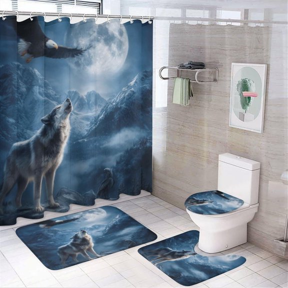 4PCS/Set Mystical Wolf Bald Eagle Mountain Shower Curtain 72W X 72L, Magic Moon Snow Printed Bathroom Decor, Shaped Mat Toilet Lid Cover and Non-Slip Rugs with 12 Hooks